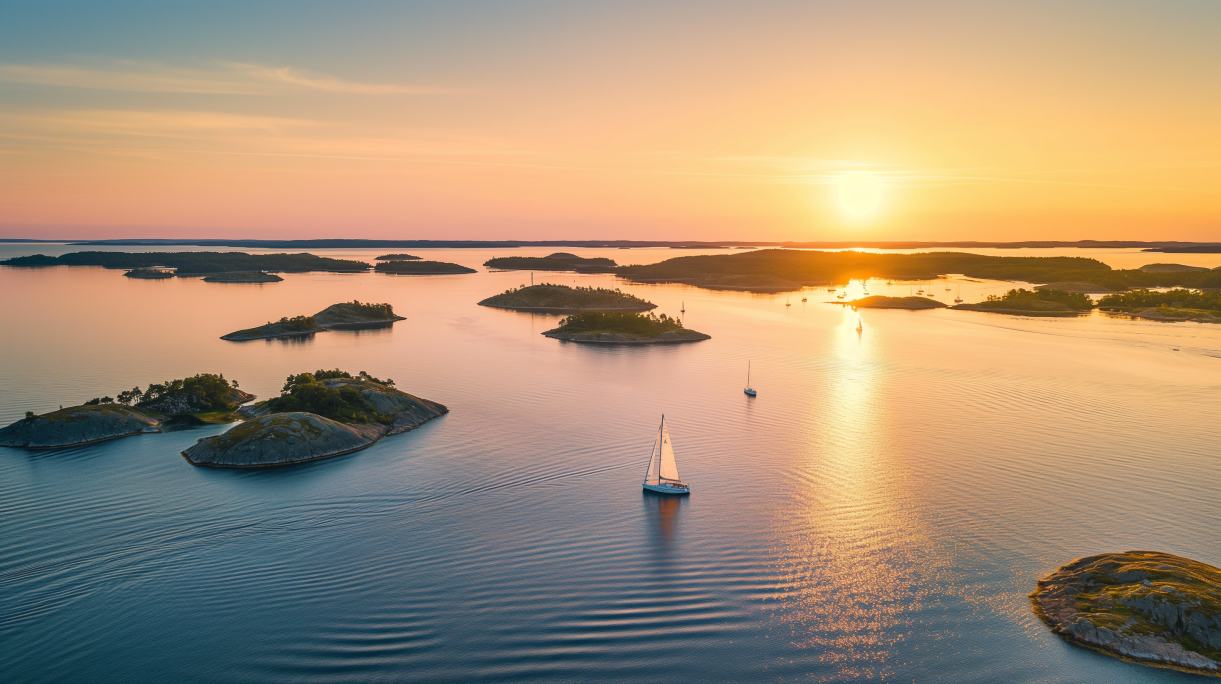 Flygbild över en segelbåt som rör sig i lugnt vatten i solnedgången i Mitt Roslagen, omgiven av små klippiga öar med sparsam växtlighet under klar himmel.