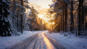En snötäckt väg slingrar sig genom en skog med höga träd i Norrtälje kommun. Solljuset filtreras genom grenarna och kastar gyllene skuggor på den isiga vägen och snön, vilket skapar en fridfull vinterscen som är typisk för klimat Norrtälje.